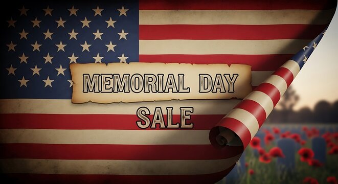 Vintage-style american flag graphic with a memorial day sale announcement.