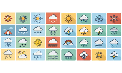 Obraz premium Wetter Icons – Sonne, Regen, Wolken & Klima Symbole für Vorhersagen