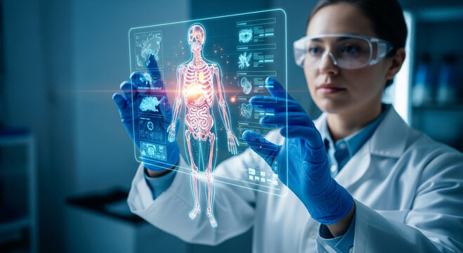 Scientist examining innovative holographic human body scan offers cutting edge medical insights today