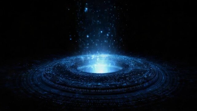 Digital data flowing from a futuristic circular portal made of binary code and abstract circuits. Luminous blue particles ascend from the glowing center on a completely black background