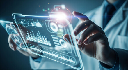 Doctor using modern futuristic technology to analyze patient data with glowing display screen in hospital