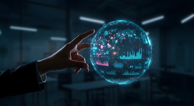 Futuristic Digital Globe with Data Visualizations and Hand Interaction