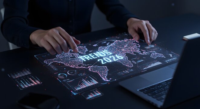 Futuristic Digital Interface Displays Global Trends 2026 with Data Analytics - Powered by Adobe