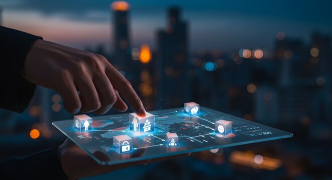 Futuristic Digital Interface with Business Icons and Cityscape Background