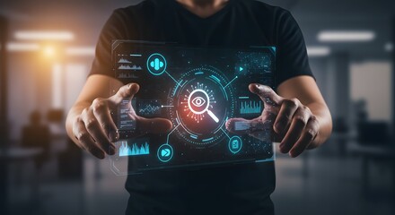 Futuristic Digital Interface with Eye and Magnifying Glass Icon