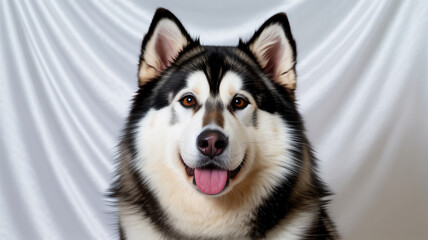 Closeup portrait of a majestic alaskan malamute with a happy expression, showcasing its fluffy fur and friendly demeanor against white background