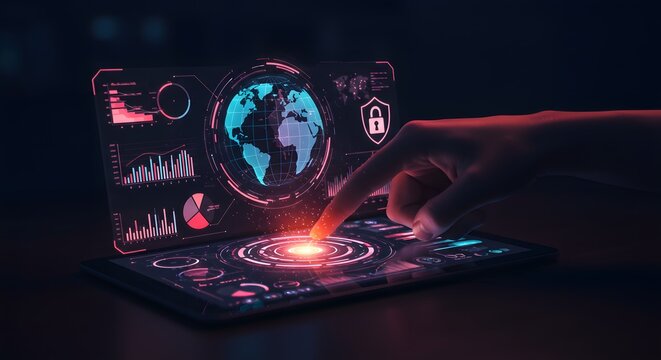 Futuristic Digital Interface with Global Data and Security Shield