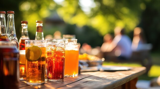 A vibrant outdoor scene featuring various drinks on a wooden table, with people socializing in the background under soft sunlight.