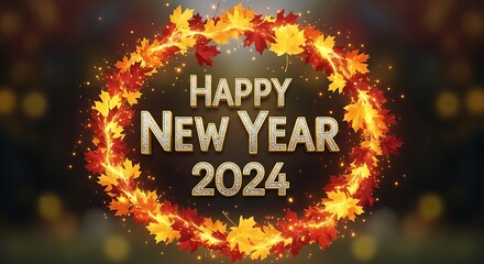 Festive Happy New Year 2024 Celebration with Autumn Maple Leaves Wreath