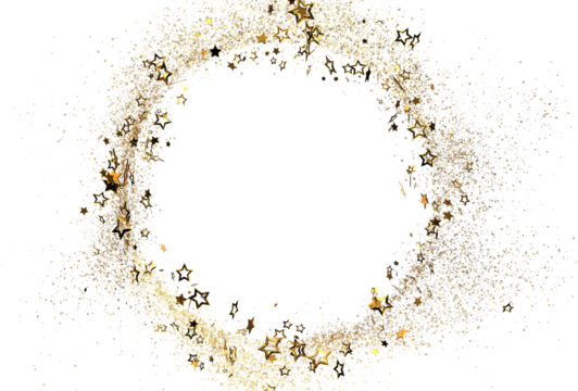 Sparkling gold stars and glitter create a festive circular frame, perfect for holiday cards, invitations, and celebratory designs. Add your text or logo for a luxurio