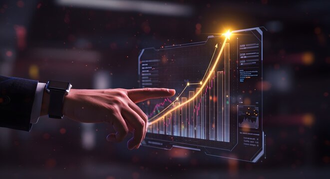 Futuristic Financial Analysis: Hand Interacting with Digital Stock Market Growth Chart