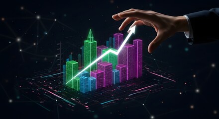 Futuristic Financial Growth: Businessman's Hand Guiding Upward Arrow Over Neon Cityscape Graph