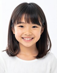 白い背景で幸せそうに笑う10歳くらいの日本人の女の子のポートレート（子供・明るい笑顔）,Portrait of a happy smiling Japanese girl around 10 years old against a white background (child, bright smile)