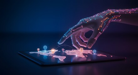Futuristic Hand Interacting with Digital World Map on Tablet