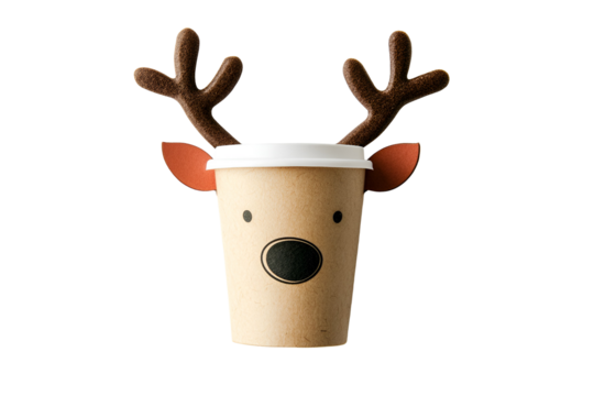 Cute reindeer coffee cup with antlers and ears isolated on transparent background - Powered by Adobe
