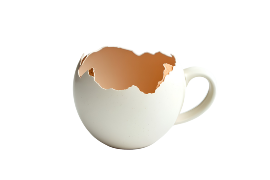 White ceramic mug shaped like a cracked egg isolated on transparent background