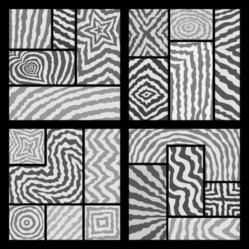 Set of abstract geometric tile patterns with hypnotic optical illusion effect.
 Modern textures in black, white and gray tones, 
perfect for wallpapers, textiles, wrapping, and digital design.