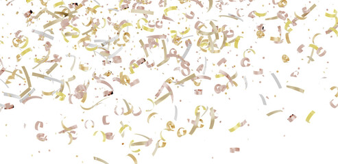 High-resolution image of gold, pink, and white confetti falling on a white background. Perfect for party invitations, celebrations, and festive