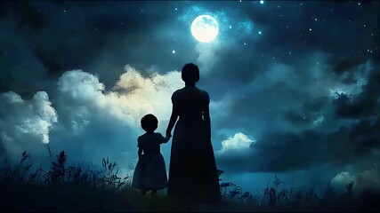 A woman and child admire the moonlit sky, surrounded by ethereal clouds. - Powered by Adobe