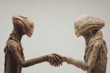 Two alien figures engage in a business handshake showcasing an imaginative blend of extraterrestrial life and corporate culture.