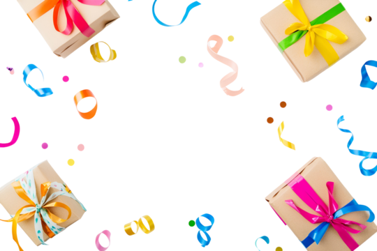 Four gift boxes with colorful ribbons and confetti isolated on transparent background