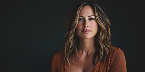 Fototapeta premium Portrait of a Confident Woman with Natural Beauty Against a Dark Background
