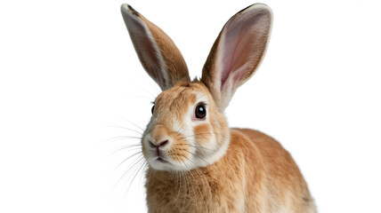 Obraz premium A closeup of a brown rabbit with long ears and black eyes looking at the camera, isolated on white background the fur is detailed