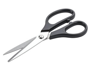 A pair of sleek, modern scissors with a stainless steel blade and ergonomic black handles on a white background.