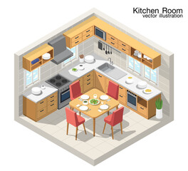 Vector isometric modern kitchen room. Small kitchen. Bar counter with chairs, modern furniture, stove, oven.