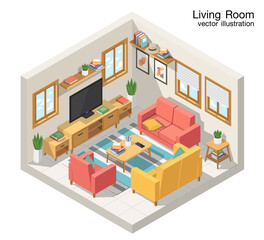 Vector isometric living room. Room includes sofa, coffee table, tv and other furniture