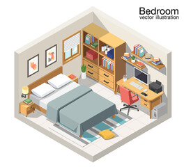 Modern bedroom interior with furniture in isometric style