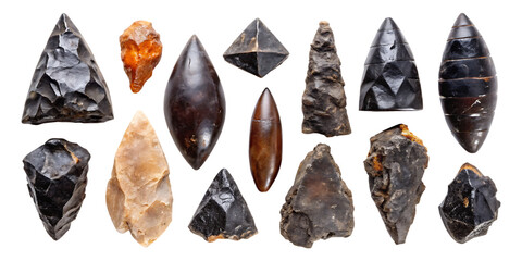 Ancient obsidian and stone arrowheads collection isolated on a transparent background