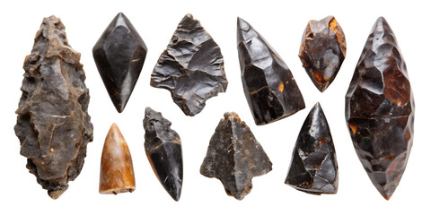 Ancient obsidian arrowheads collection isolated on white... isolated on a transparent background