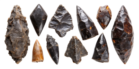 Ancient obsidian arrowheads collection isolated on white... isolated on a transparent background
