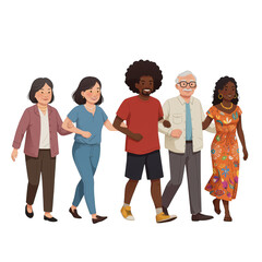 Diverse group of people walking together arm in arm isolated on transparent background