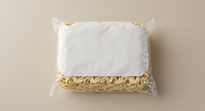 Mockup packaged dry ramen noodles with a blank label for branding, isolated on a neutral background for commercial usage