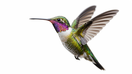 Fototapeta premium A vibrant hummingbird in midflight, isolated on white background, showcasing its iridescent plumage and delicate wings in motion