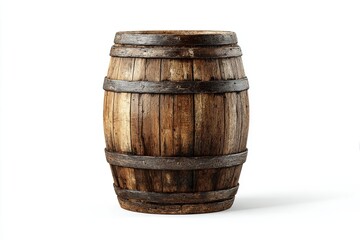 Old Wooden Barrel with Metal Bands on White Background