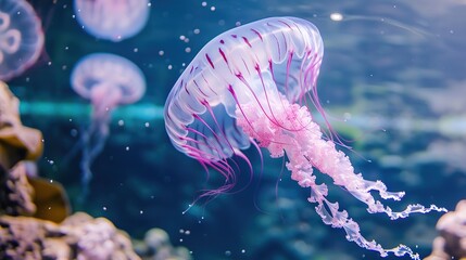 Obraz premium Freshwater Jellyfish: Small Gelatinous Creatures with Translucent Bells and Delicate Tentacles, Floating or Swimming in Lakes, Ponds, and Slow-Moving Rivers—Exploring Their Ecology, Non-Native Distrib
