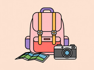 Colorful travel backpack with camera and map, cute adventure and tourism gear illustration, summer vacation equipment, hiking and journey essentials isolated on pastel background
