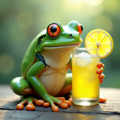 Green frog on a glass
