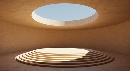 Obraz premium Mockup circular stepped platform illuminated by sunlight from a round opening in the ceiling for commercial usage
