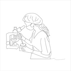 woman with a microscope.Woman Scientist Continuous One Line Drawing. Woman with Microscope One Line