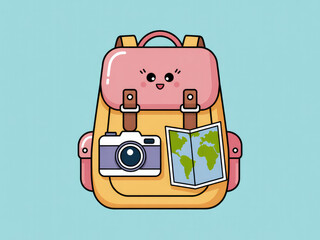 Colorful travel backpack with camera and map, cute adventure and tourism gear illustration, summer vacation equipment, hiking and journey essentials isolated on pastel background