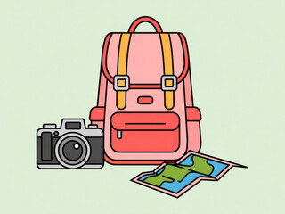 Colorful travel backpack with camera and map, cute adventure and tourism gear illustration, summer vacation equipment, hiking and journey essentials isolated on pastel background