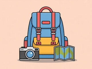 Colorful travel backpack with camera and map, cute adventure and tourism gear illustration, summer vacation equipment, hiking and journey essentials isolated on pastel background