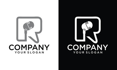 Creative initial letter R with microphone podcast logo design template vector