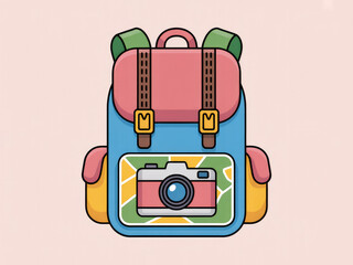 Colorful travel backpack with camera and map, cute adventure and tourism gear illustration, summer vacation equipment, hiking and journey essentials isolated on pastel background