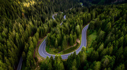 Obraz premium Aerial Mountain Road in Autumn Forest, Scenic Nature Travel Background