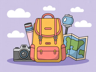 Colorful travel backpack with camera and map, cute adventure and tourism gear illustration, summer vacation equipment, hiking and journey essentials isolated on pastel background